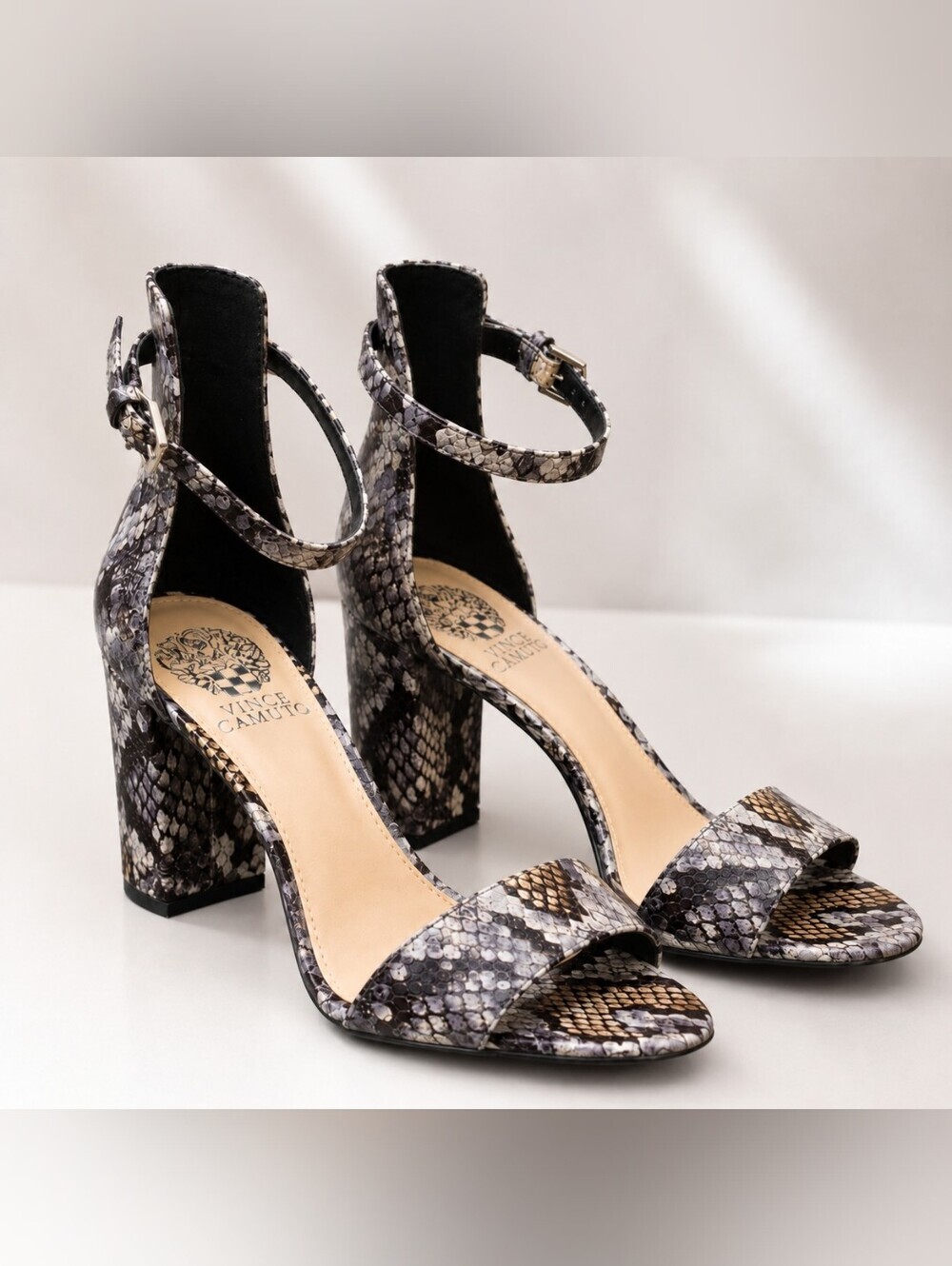 Vince Camuto Black and Tan Snake-Print Ankle Strap Block Heels